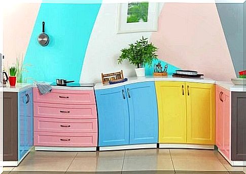 The pastel colors of a kitchen.