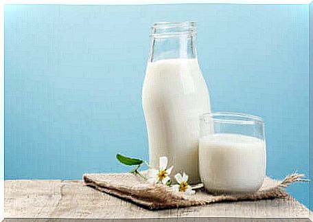 Milk in a glass bottle.